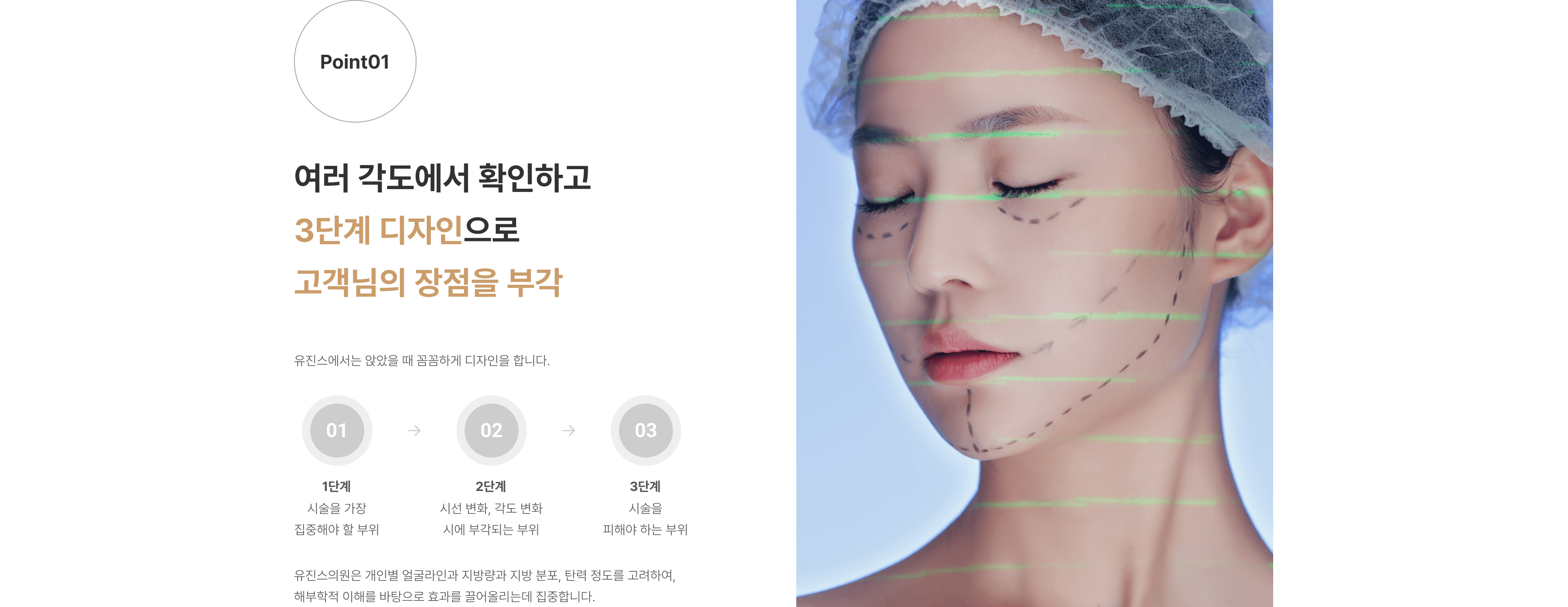 인모드 압구정 유진스의원, 여러 각도에서 얼굴을 확인하고 시술 집중 부위, 각도와 시선에 따라 부각되는 부위, 피해야 할 부위를 3단계로 분석하는 유진스의원 맞춤 디자인