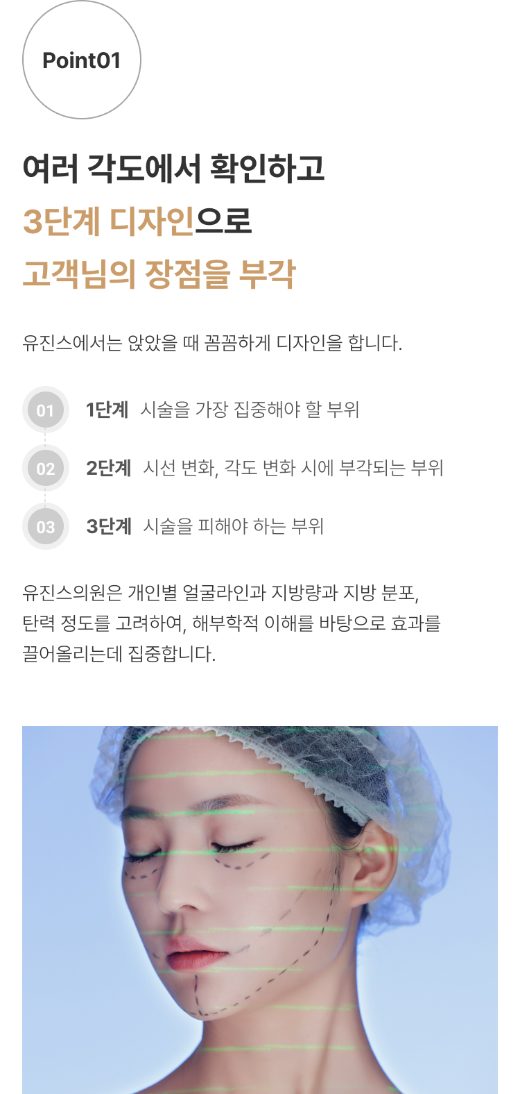 인모드 압구정 유진스의원, 여러 각도에서 얼굴을 확인하고 시술 집중 부위, 각도와 시선에 따라 부각되는 부위, 피해야 할 부위를 3단계로 분석하는 유진스의원 맞춤 디자인