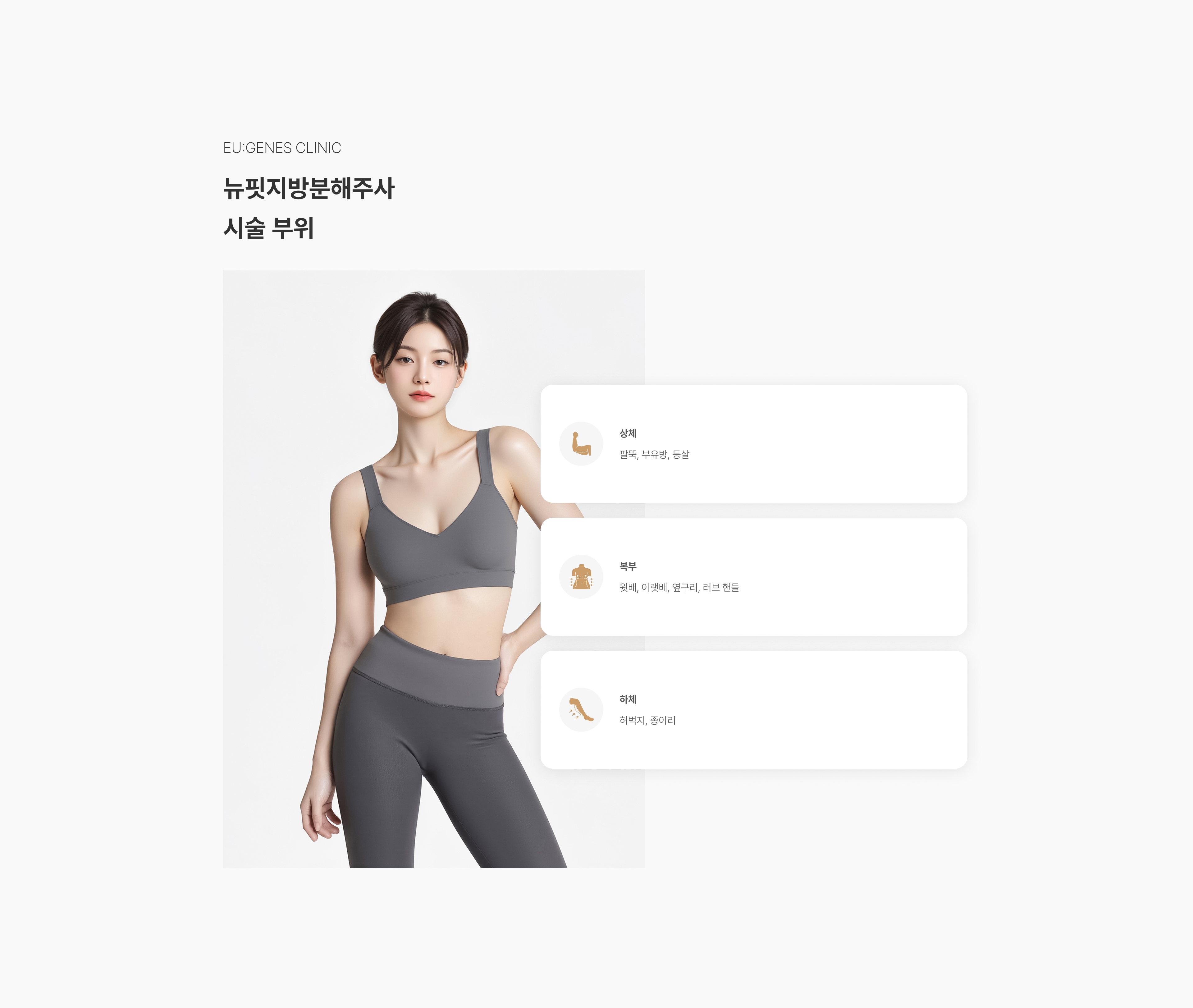 뉴핏주사 압구정 유진스의원, 뉴핏지방분해주사 시술 부위 - 상체 팔뚝·부유방·등살, 복부 윗배·아랫배·옆구리·러브핸들, 하체 허벅지·종아리