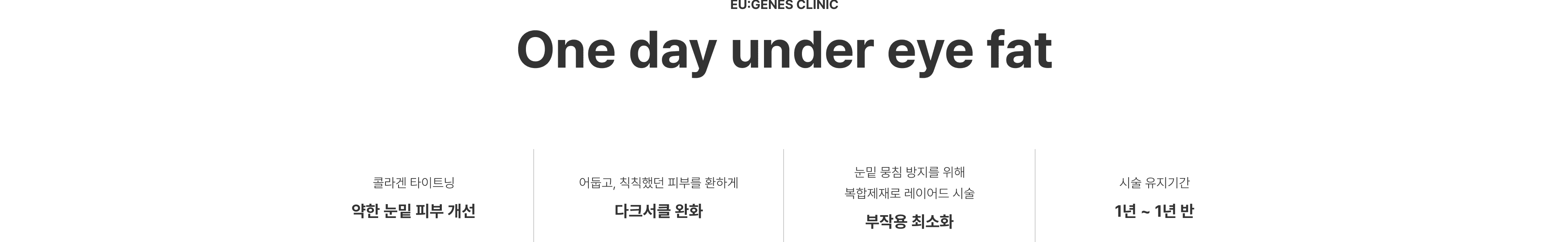 원데이 눈밑지방 압구정 유진스의원, 원데이 눈밑지방 시술 특징 - 콜라겐 타이트닝을 통한 눈밑 피부 개선, 다크서클 완화, 부작용 최소화 및 1년에서 1년 반의 유지기간